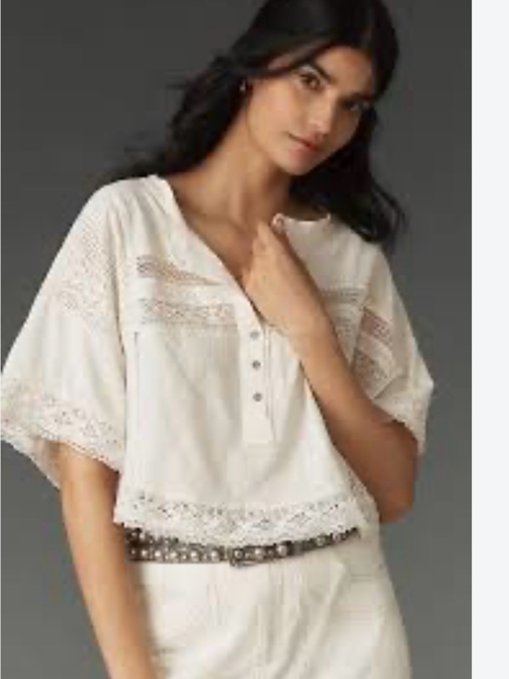 Pilcro Cream Crochet-Trim Henley Blouse